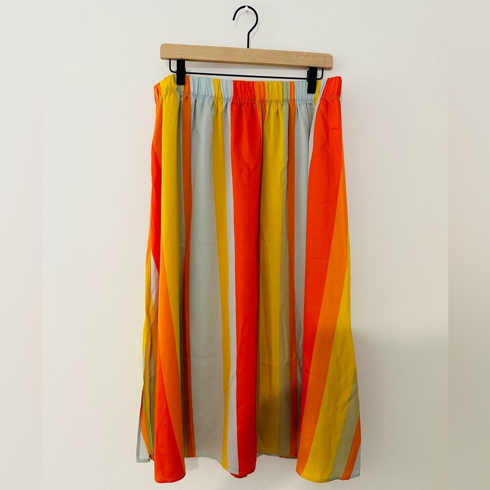 LOFT Multicolor Vertical Stripe Midi Skirt in Orange, Yellow, Gray